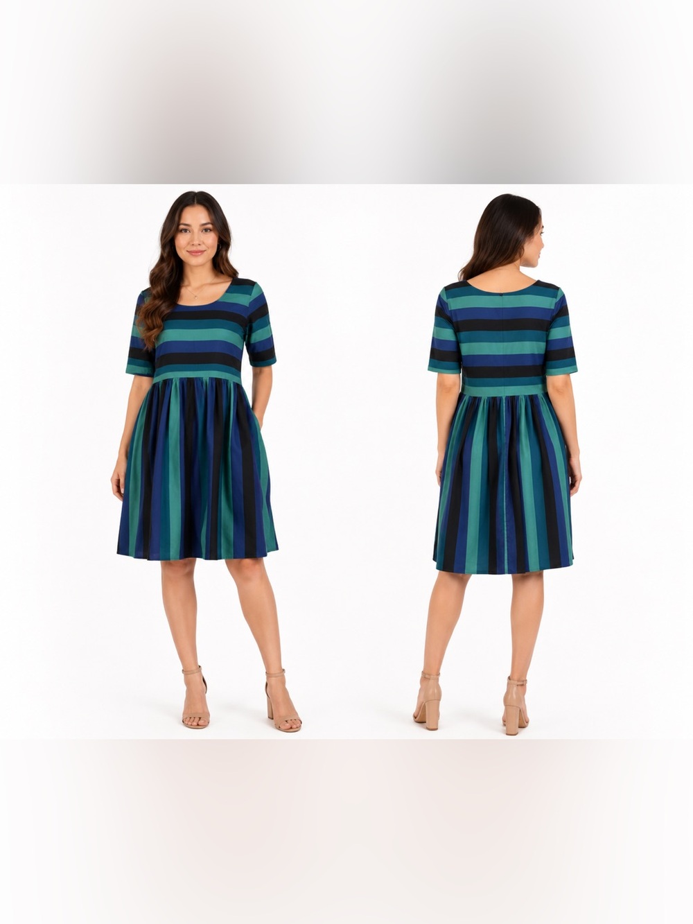 Collectif Teal, Navy & Black Striped Fit & Flare  Dress. Size XL